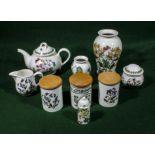 Portmeirion Botanic Garden ware including teapot, cream and sugar, three storage jars, two vases and
