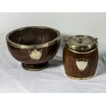 A wooden bowl and biscuit barrel with silver plated collars