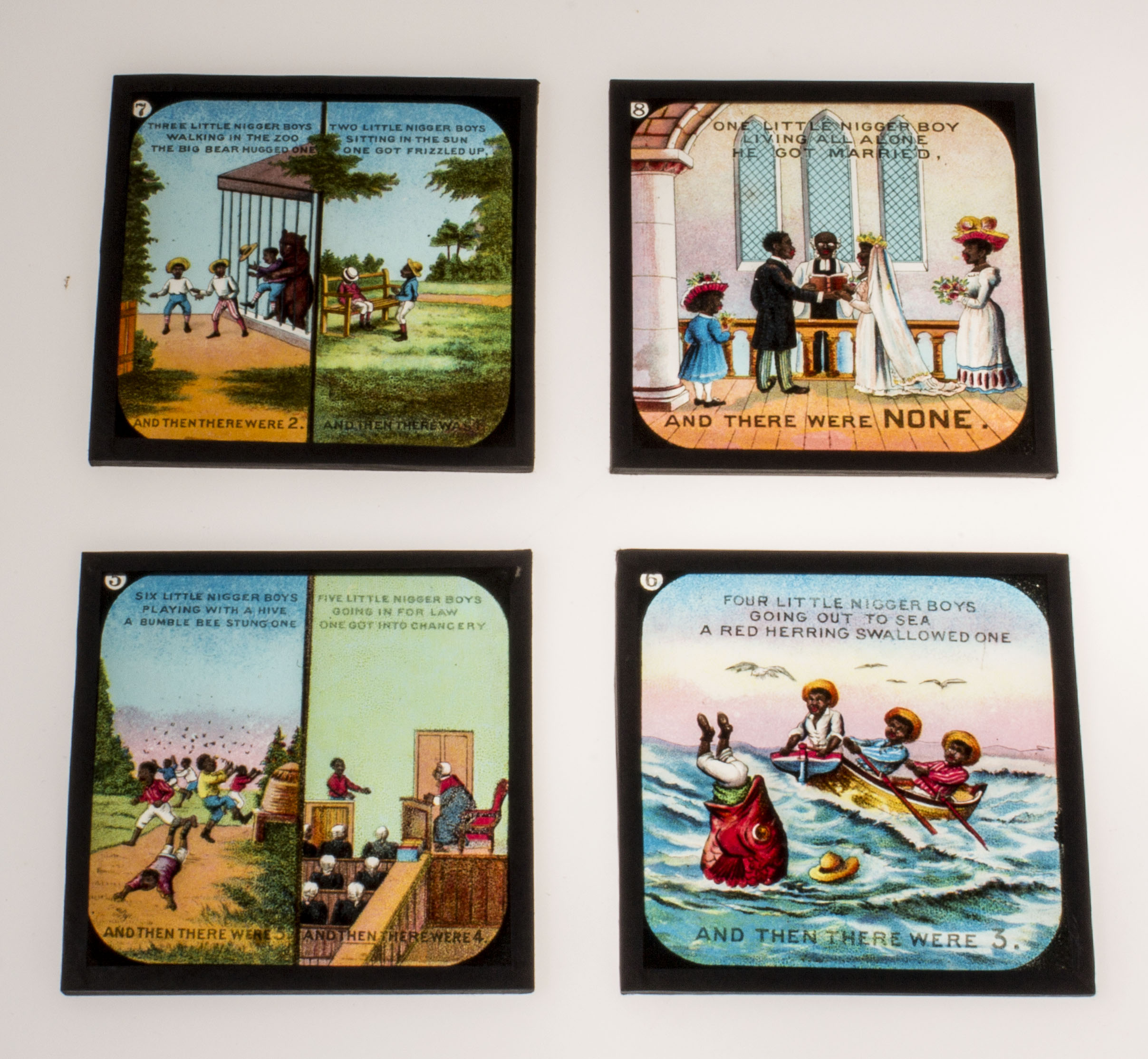 A box containing Primus coloured lantern slides 'Ten Little Nigger Boys' complete set of eight - Image 3 of 3