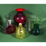 Six pieces of art glass and a fly catcher