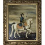 A framed oil on canvas depicting an officer on horseback, 88cm x 70cm