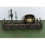 A cast fire curb, brass lamp and jardiniere
