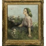 A gilt framed oil on canvas depicting a lady seated in a meadow, image size 58cm x 48.5cm. Signed