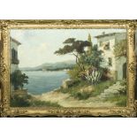 A gilt framed oil on canvas depicting a European lake scene, indistinct signature, image size 60cm x