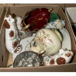 Box containing pottery items including wally dogs