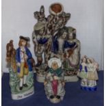 Three Staffordshire figures and a Wood and sons Sarey Gamp