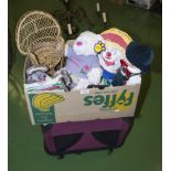 A box containing toys and a pet carrier