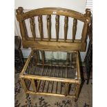 Glass top coffee table and two pine headboards