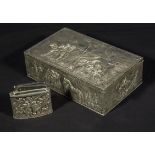 A German silver box and a silver cigarette lighter, box weighs 674gms and measures 21cm x 13 x 6