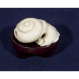 A Japanese signed netsuke snail on a hardwood base