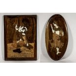 Two inlaid wooden wall plaques