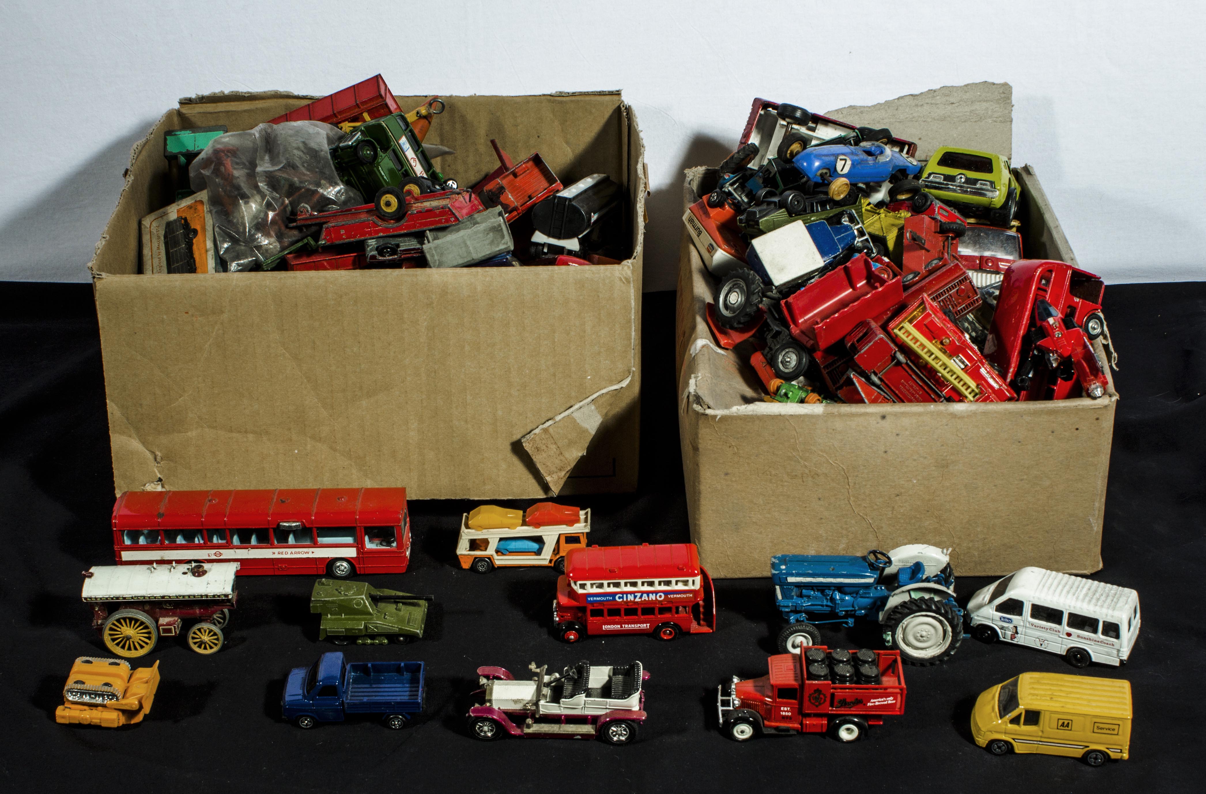 A large collection of play worn diecast models, including Corgi, Matchbox