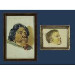 Two framed mixed medium pictures, Miss M E Griffiths and Charlotte Asleep. Ronald Falck 1964. 18.5cm