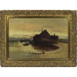 A gilt framed oil on board House by the Shore signed Jenny Currie. Image size 32cm x 47cm