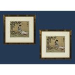 Two framed Oriental prints, each image 16cm x 18.5cm