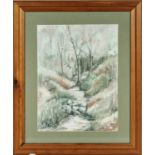 A framed watercolour depicting a forest scene, signed Dickson