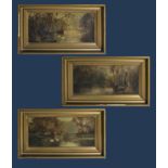 Three gilt framed oil on canvas depicting lake scenes, indistinct signature