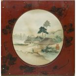 A 19th century Japanese watercolour of fishermen in a red lacquer frame, twin seal marks