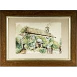 A small oak framed watercolour depicting a country cottage signed. 19cm x 28cm