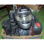 Two motor bike helmets, boots etc