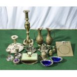 A collection of brass and silver plated items