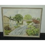 A framed oleograph of a rural scene