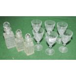 Three scent bottles, a tray and six port glasses