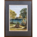 A framed watercolour depicting a lake scene Lady Harper Gow, 36cm x 25cm