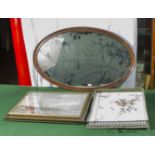 A framed mirror, two framed prints and an enamel tray