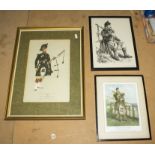 Three framed prints of Scottish bagpipe players