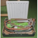 A box containing saws and a radiator