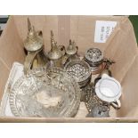 A box of assorted metal ware and other items
