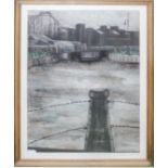 A mixed medium picture depicting a water front scene