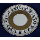 German porcelain plate with silhouette figures to border, crossed swords mark to base, 19cm