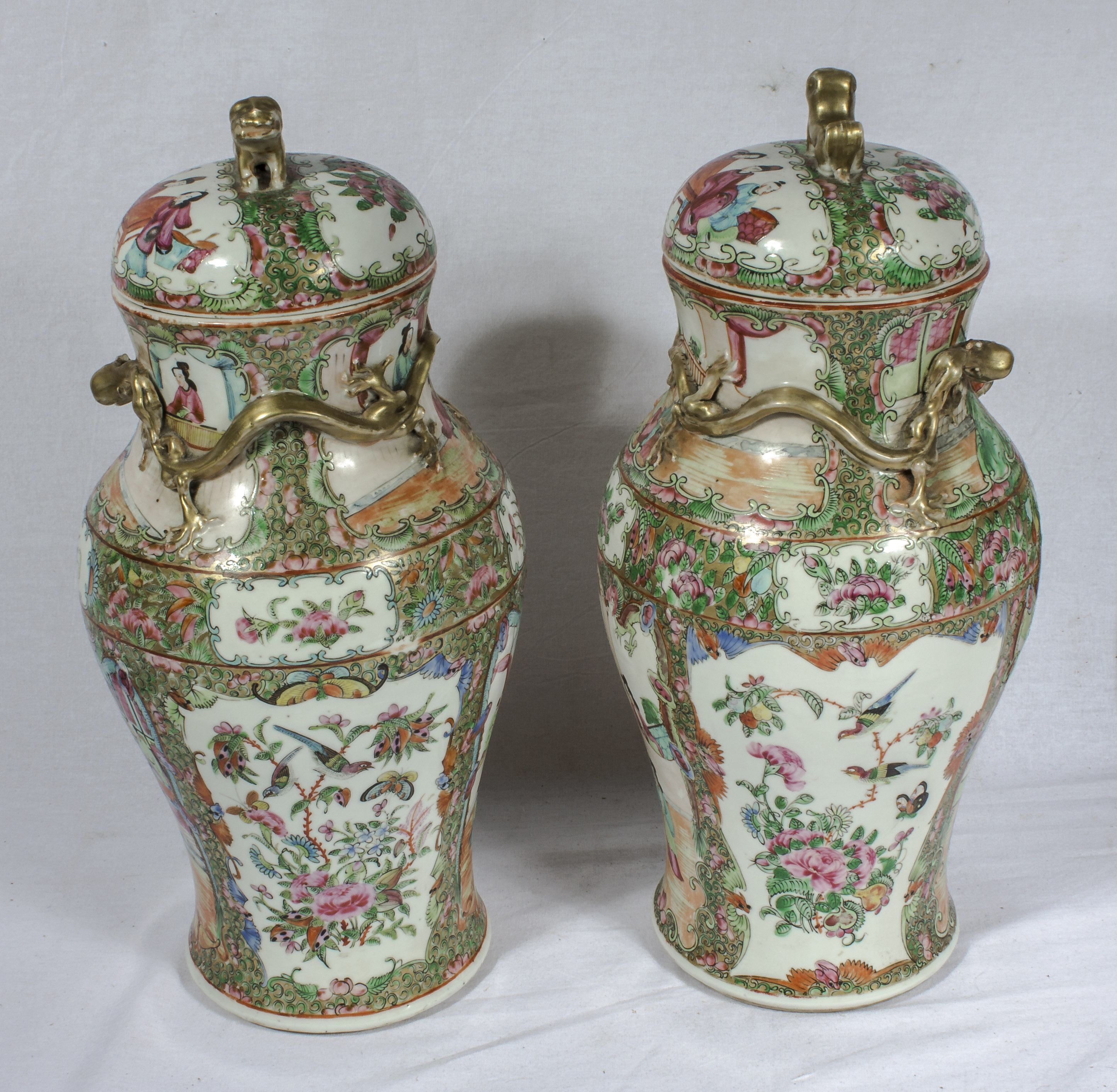 A pair of Chinese Qing period Canton famille rose lidded vases, 39cm tall - Image 2 of 8
