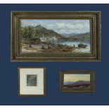 A gilt framed oleograph 18cm x 34cm, small framed watercolour 8cm x 7cm and a watercolour of a