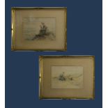 A pair of gilt framed watercolours depicting children playing on a beach, indistinct signature.