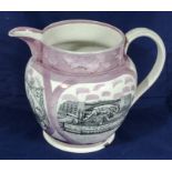 Large size Sutherland Lustre jug with transfer print to the body Iron Bridge and Masonic symbols,