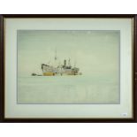 A framed watercolour depicting a ship. Size 29cm x 39cm