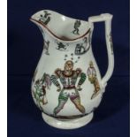 A Staffordshire transfer printed jug depicting clowns and jesters circa 1840's. 24cm tall