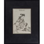 A framed Japanese black and white wood block print depicting a courtesan, signed