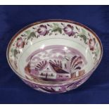 A Sutherland Lustre punch bowl of large size decorated with a church to the bowl and floral design