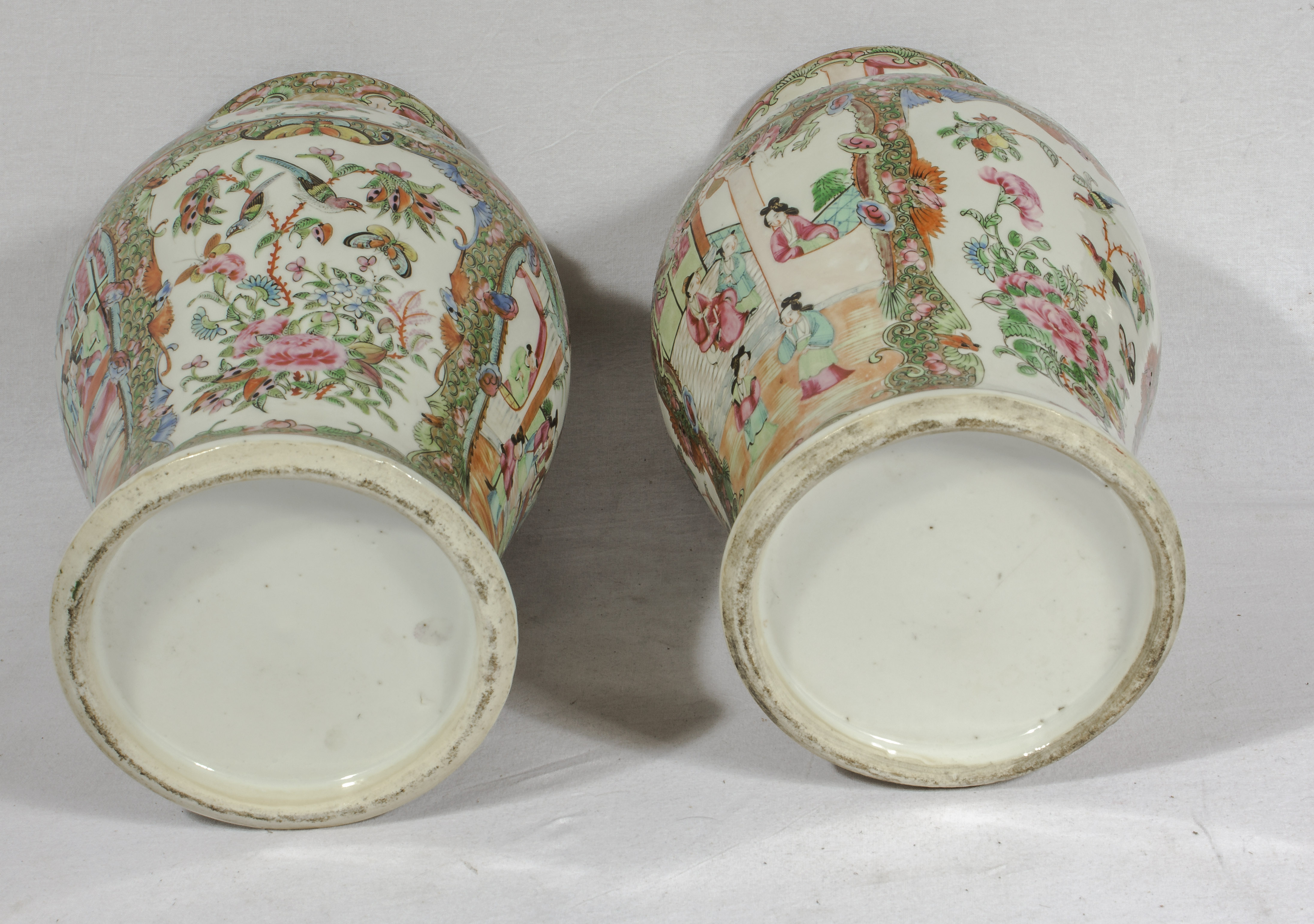 A pair of Chinese Qing period Canton famille rose lidded vases, 39cm tall - Image 6 of 8