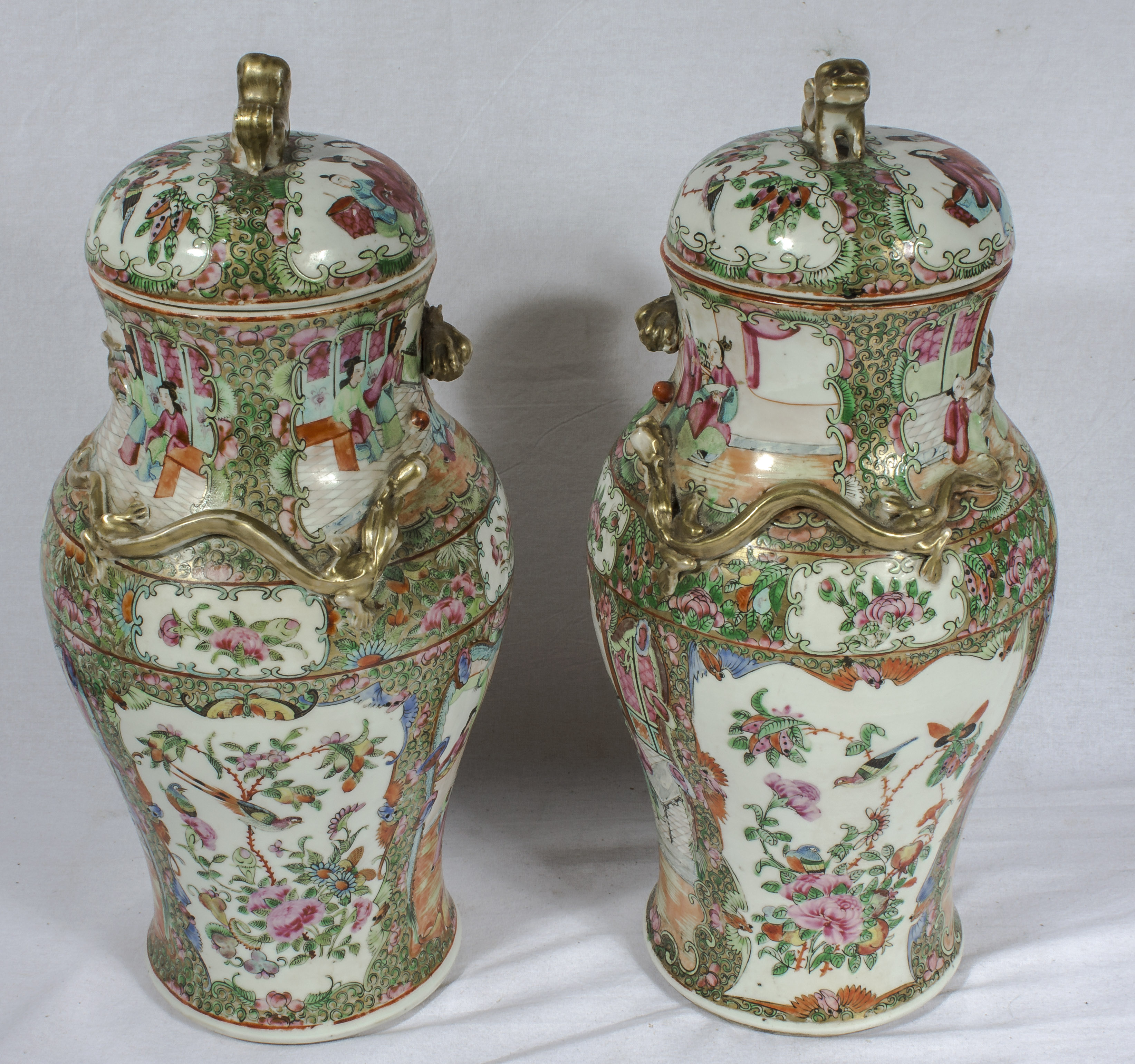 A pair of Chinese Qing period Canton famille rose lidded vases, 39cm tall - Image 4 of 8