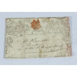 A Mulready letter sheet, early posting one penny June 3rd 1840 franked with red Maltese cross.