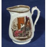 A large Staffordshire jug printed and hand coloured depicting Falstaff with actress Anne Page,
