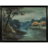 A Yoshida circa 1910, large Japanese watercolour depicting a river scene. Size 49.5cm x 67.5cm