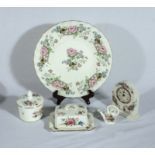 A bone china plate, butter dish and three other items