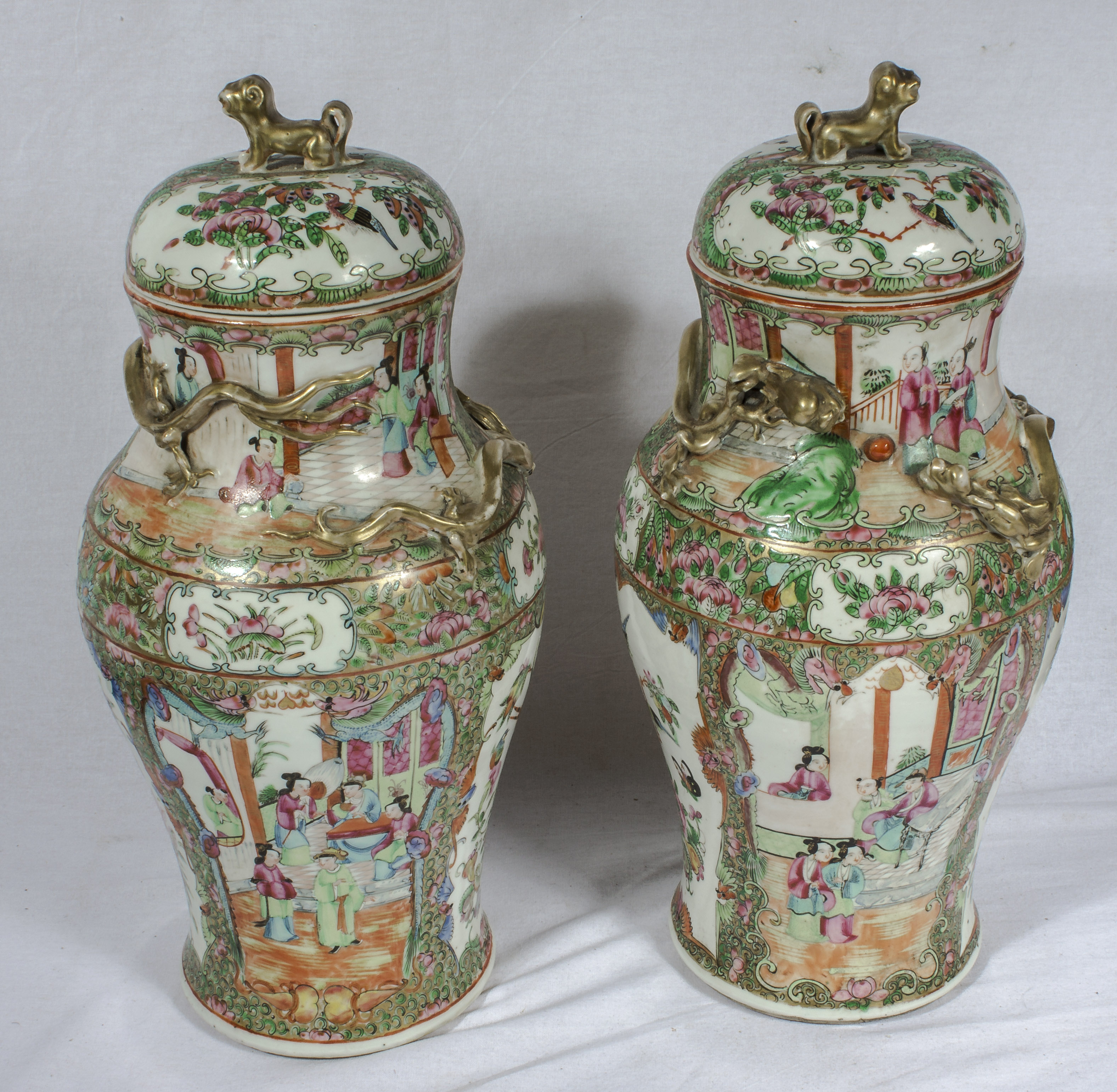 A pair of Chinese Qing period Canton famille rose lidded vases, 39cm tall - Image 3 of 8