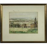 A framed watercolour of a rural landscape, signed. Size 24cm x 29cm